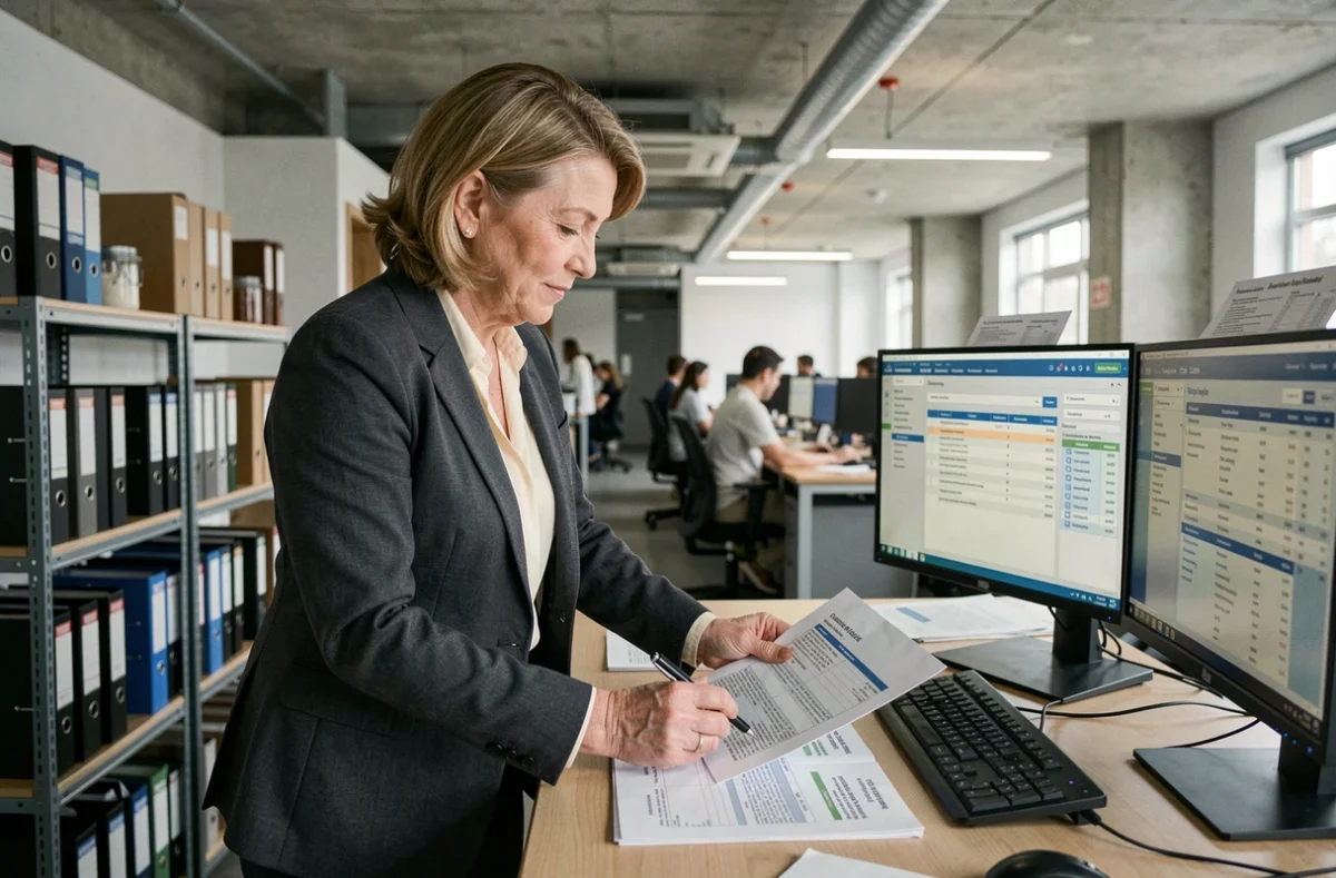 Female accountant annotating insolvency compliance documents at a standing desk in a UK open-plan office
