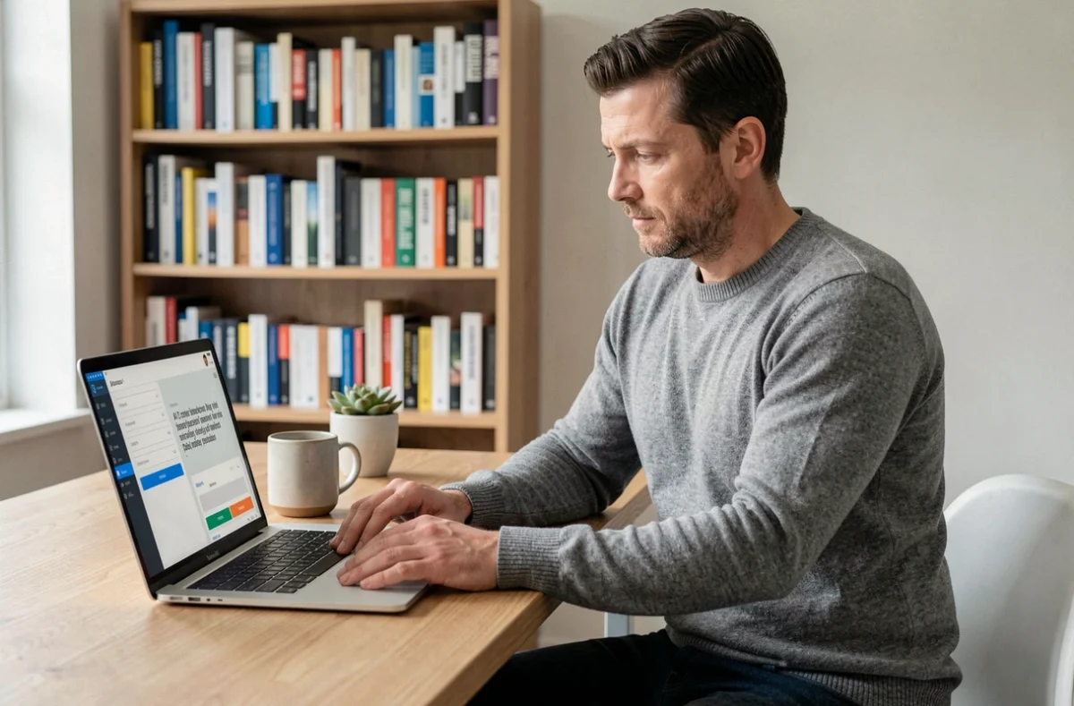A UK marketing consultant using an AI content generation platform on a laptop in a minimalist home office