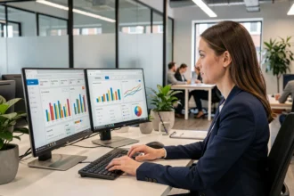 A marketing professional reviewing AI-generated analytics dashboards on dual monitors in a contemporary London office