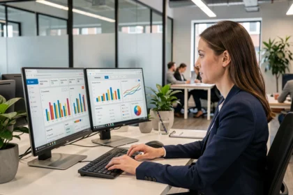 A marketing professional reviewing AI-generated analytics dashboards on dual monitors in a contemporary London office