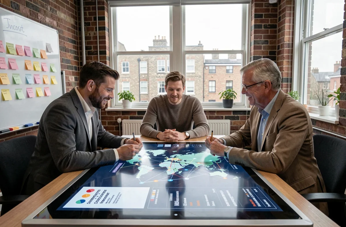 A diverse UK marketing team collaborating around an AI-powered customer segmentation display in a modern agency meeting room
