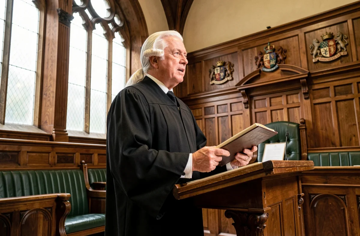 A barrister in traditional court dress standing at a lectern inside a formal British courtroom during a construction law hearing.