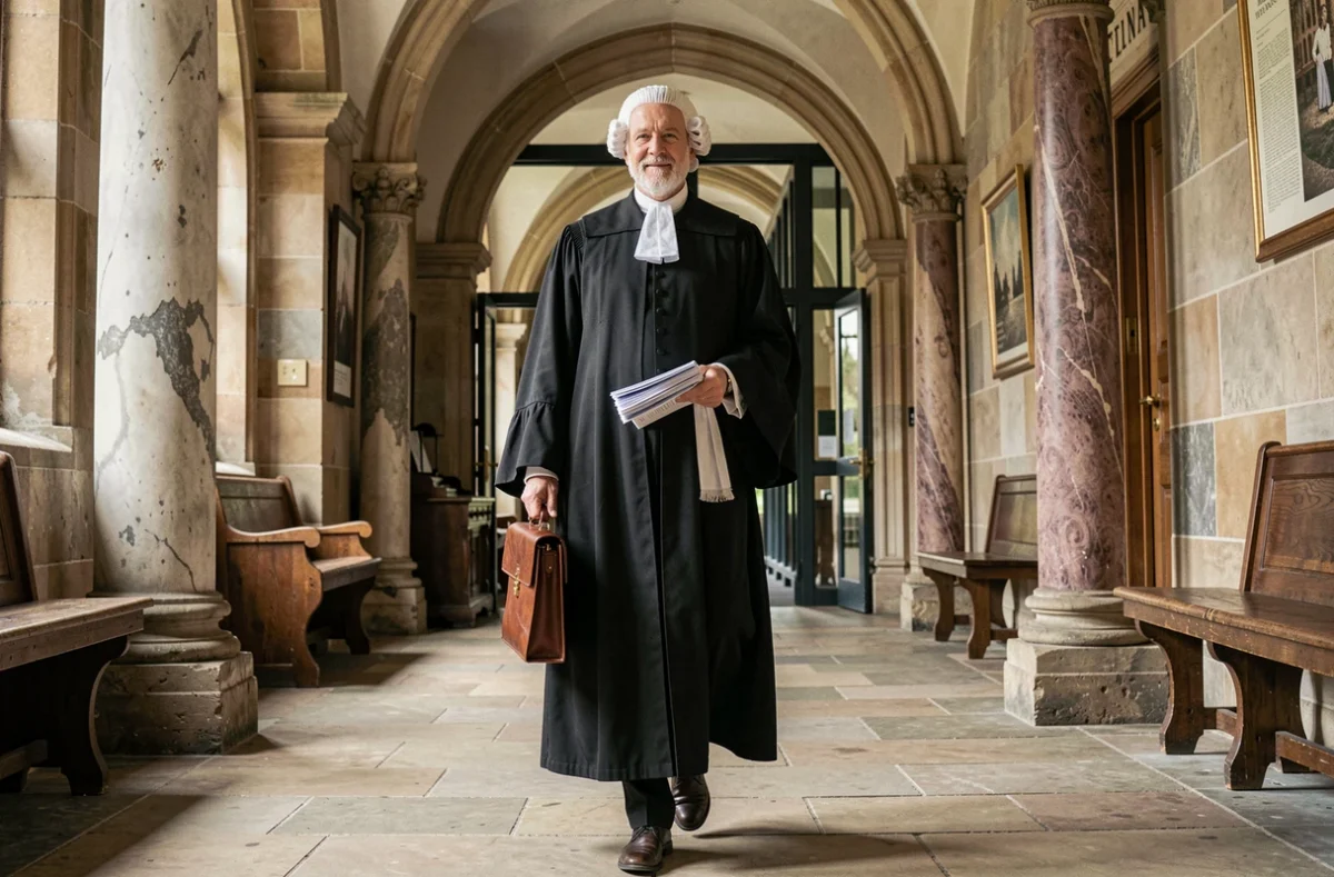 Male barrister in traditional gown and wig walking through the stone corridor of a historic British courthouse carrying legal papers