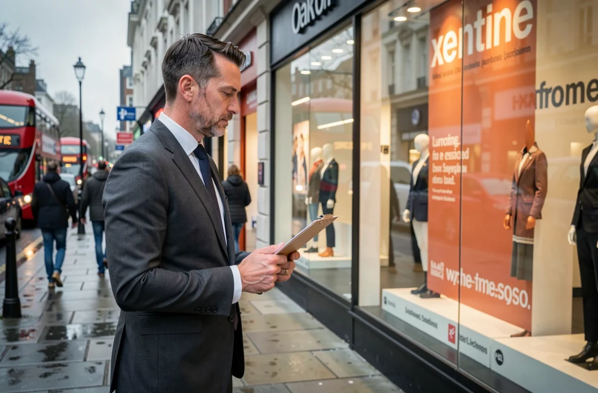 A brand strategist analysing a flagship retail store window display campaign on a busy London high street