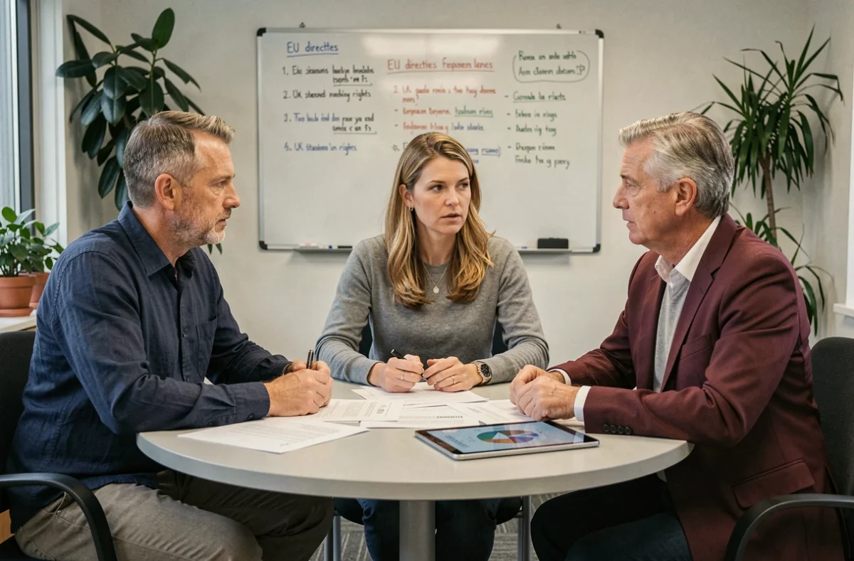 A group of colleagues discussing Brexit employment law changes around a conference table in a British workplace