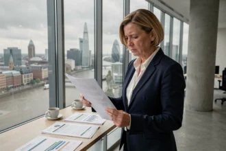 British businesswoman reviewing Brexit trade documents in a London corporate office overlooking the Thames