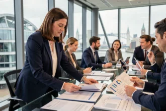 British businesswoman reviewing Brexit impact documents in a modern London office overlooking the Thames