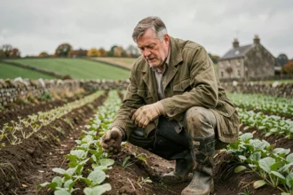 Experienced British farmer examining healthy soil beside cover crops in a Yorkshire field, demonstrating sustainable soil management practices in modern UK agriculture.