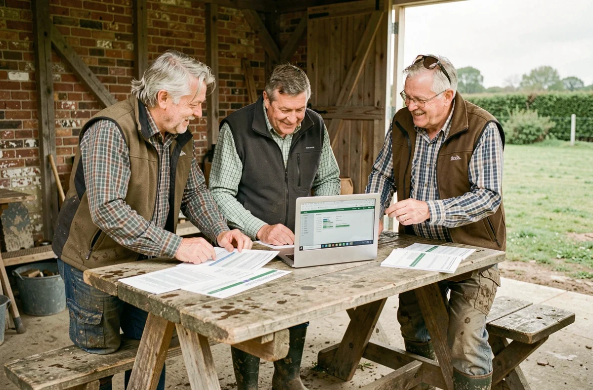 Group of British farmers collaborating over sustainable crop rotation plans outside a traditional Midlands barn, representing community-driven innovation in UK agricultural practices.