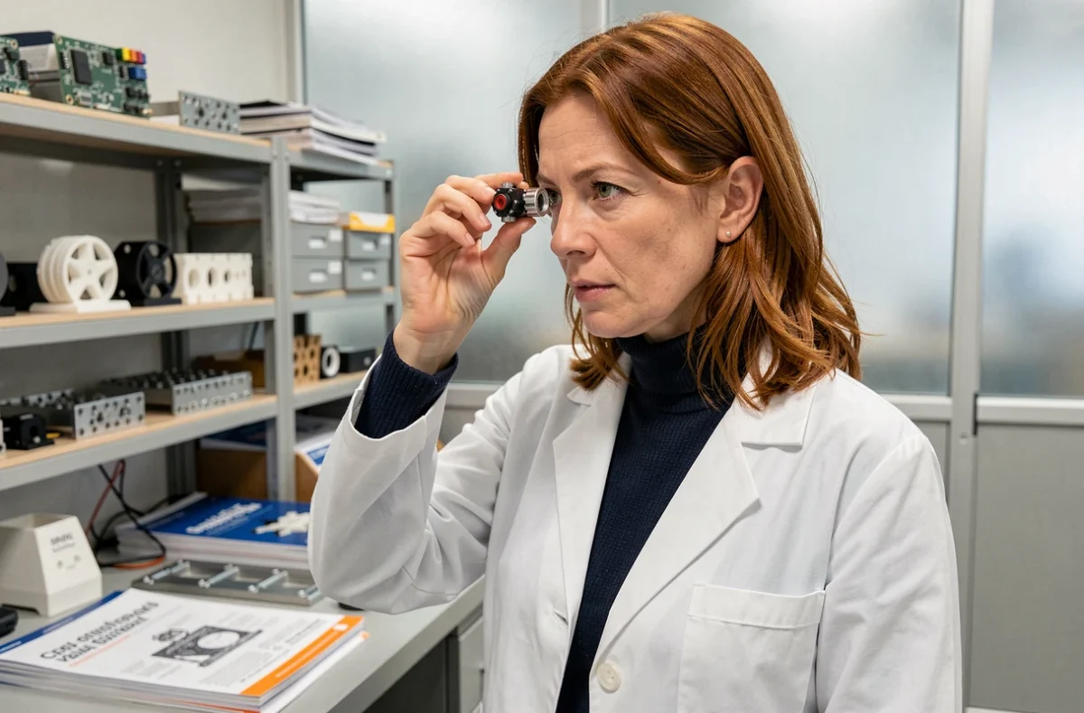 A British female engineer examining a prototype component in a professional R&D facility, representing workplace innovation in the UK