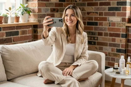 Young British female influencer filming a social media video on her smartphone in a stylish London flat, surrounded by skincare products and plants, illustrating the rise of influencer marketing in the UK for 2026.
