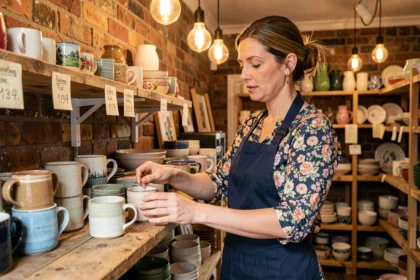 Independent homeware shop owner arranging artisan ceramic mugs on a reclaimed-wood shelf in a cosy British high street boutique