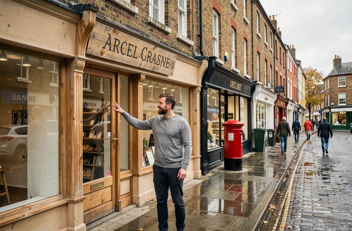 British small business owner standing outside a renovated high street shopfront with a hand-painted wooden sign on a rainy autumn day