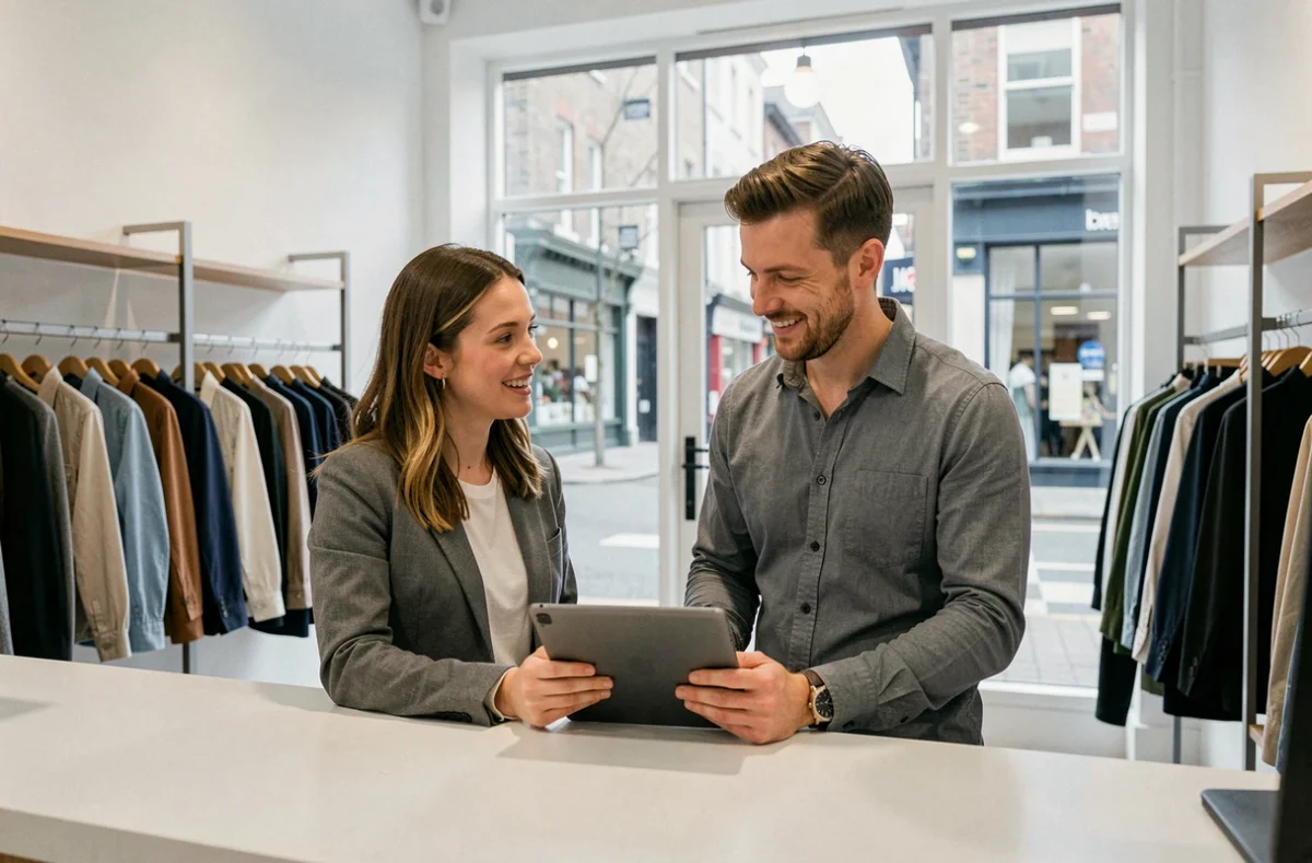 Two young retail workers collaborating over a tablet at the counter of a contemporary British high street clothing boutique