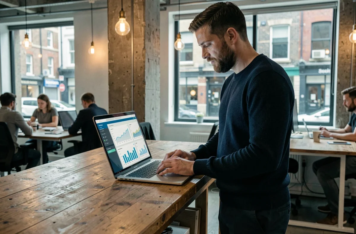 British male digital marketer reviewing influencer campaign analytics on a laptop in a London co-working space, representing the growing influencer marketing industry in the United Kingdom in 2026.