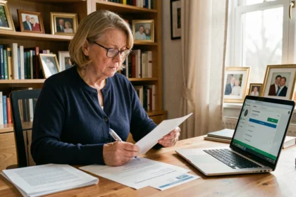 A British woman in her late 50s reviewing her will and digital asset documents at a home office desk with a laptop displaying a password manager