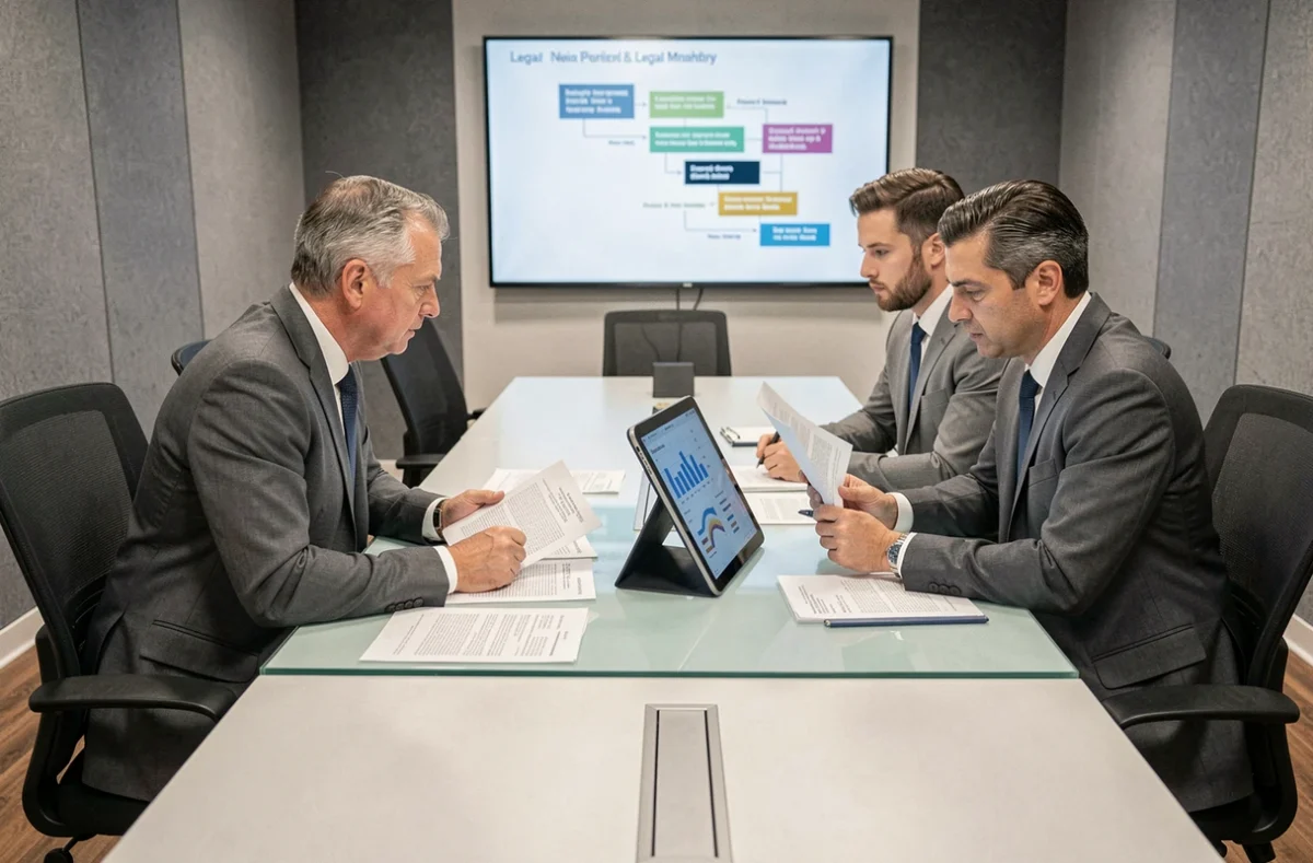 Business professionals discussing UK insolvency regulations around a conference table in a modern boardroom