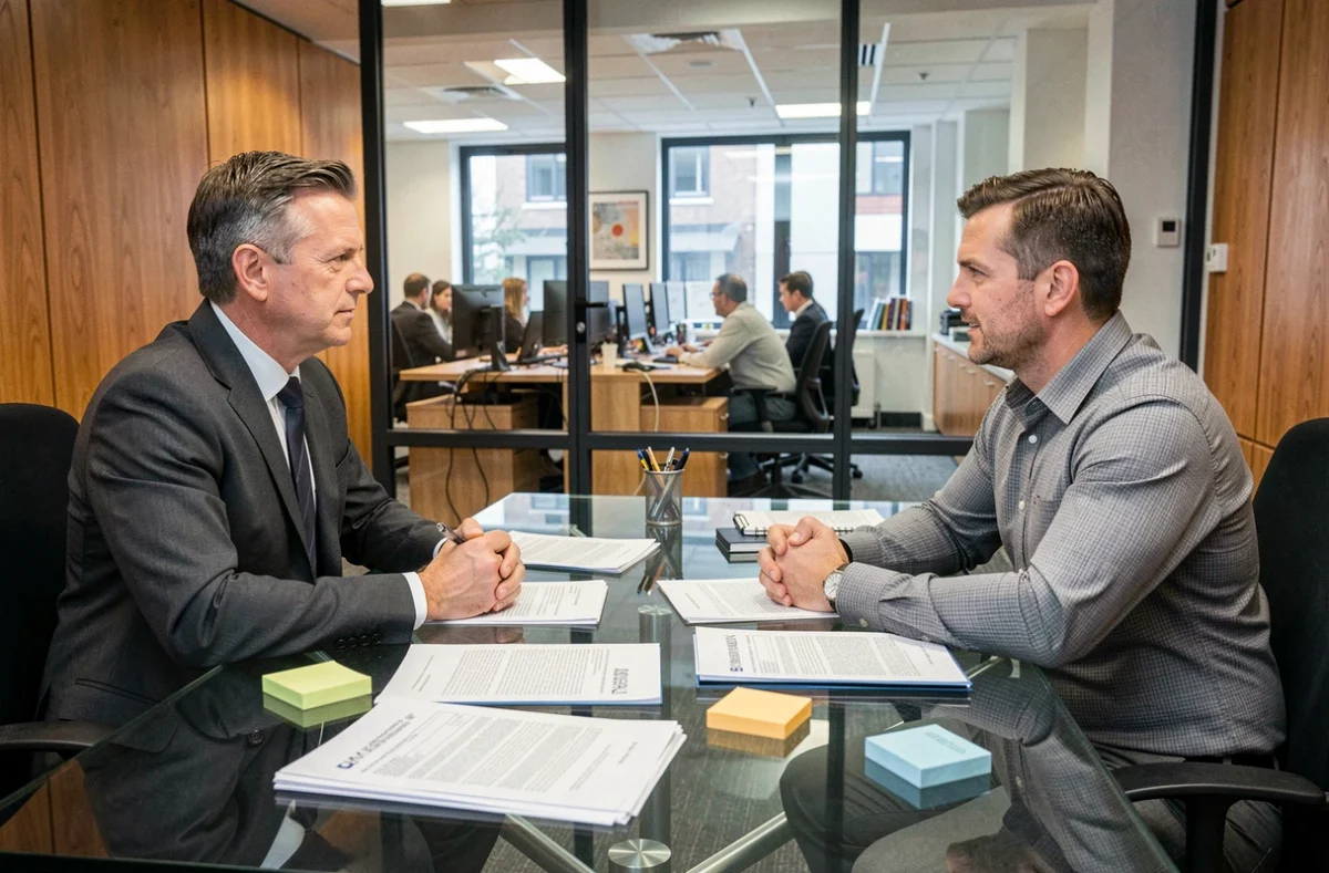 Two business professionals discussing legal paperwork and UK tax registration documents in a solicitor's office conference room, highlighting legal pitfalls when setting up a new company in Britain.