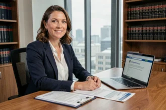 A businesswoman reviewing legal contracts and Companies House documents at a desk in a modern London office, illustrating the legal requirements for starting a business in the United Kingdom.