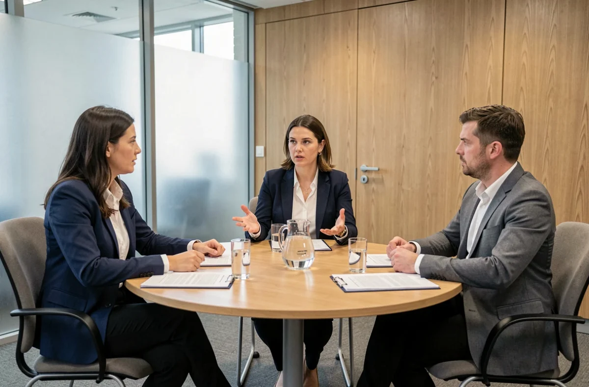 Three legal professionals engaged in a construction dispute mediation session around a round table in a modern dispute resolution centre in the UK.
