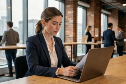 Professional woman reviewing a content marketing strategy on a laptop in a modern open-plan London office