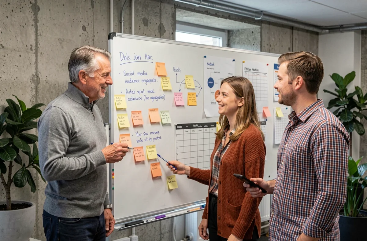 Creative team collaborating on a content marketing plan around a whiteboard in a UK co-working space