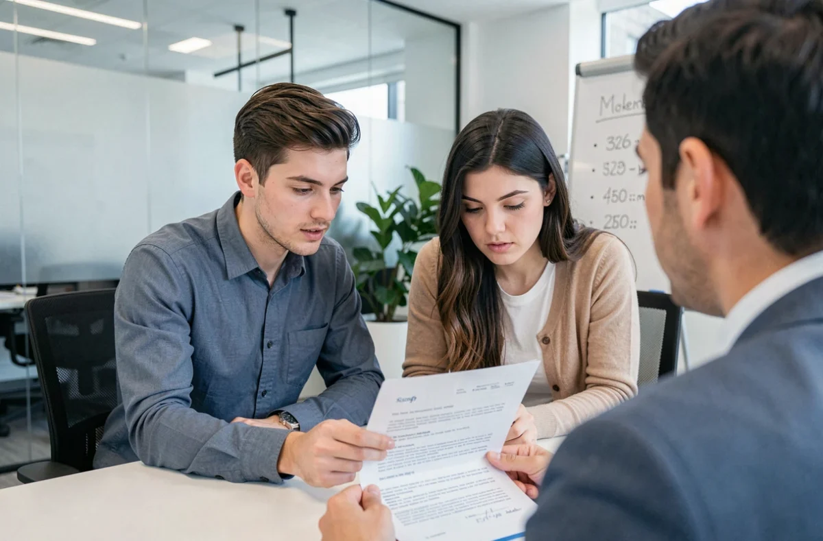 Young couple reviewing a property purchase contract with a mortgage adviser in a modern UK office