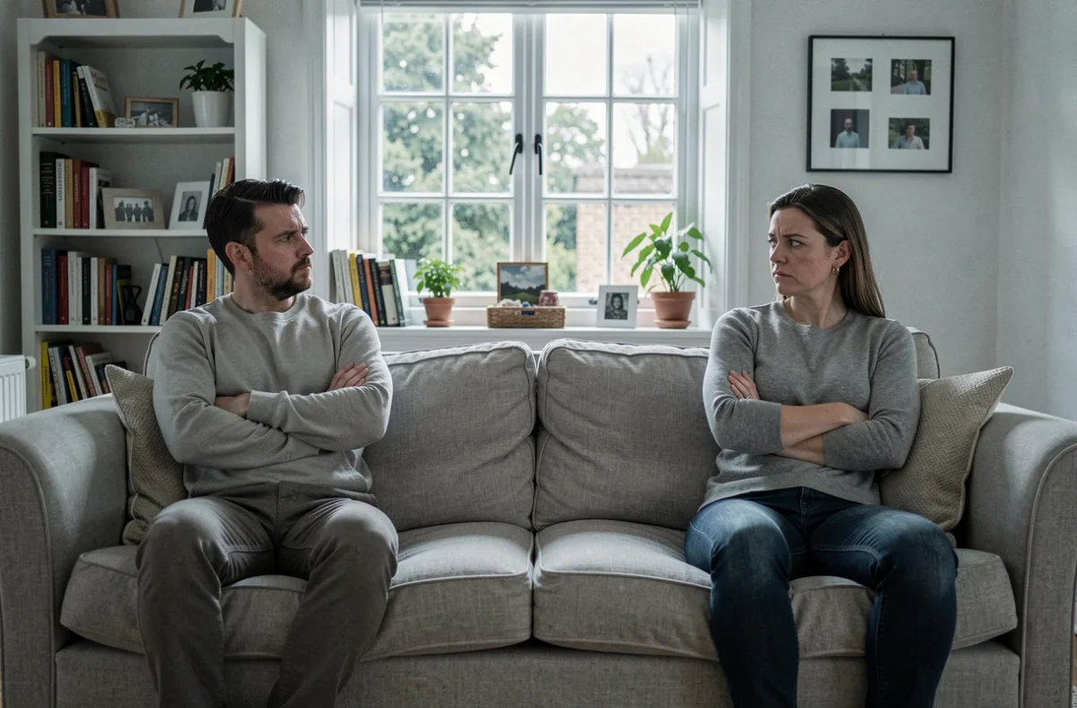A couple sitting apart on a sofa in a British living room, facing away from each other, representing marital breakdown and the impact of UK divorce law reform