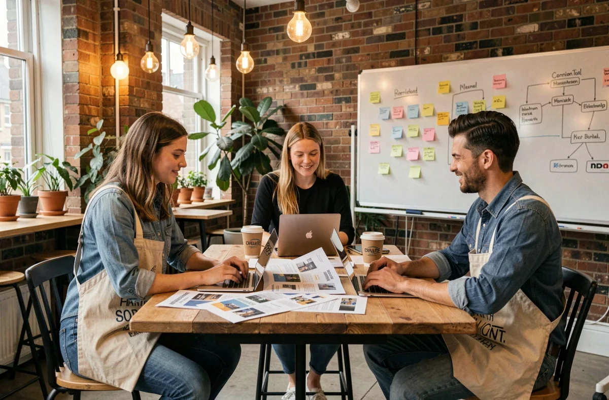 A creative marketing team collaborating over campaign materials in a modern open-plan agency in Manchester