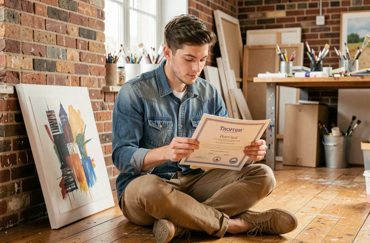 Young British creative professional examining a copyright registration certificate in an artist's studio workspace