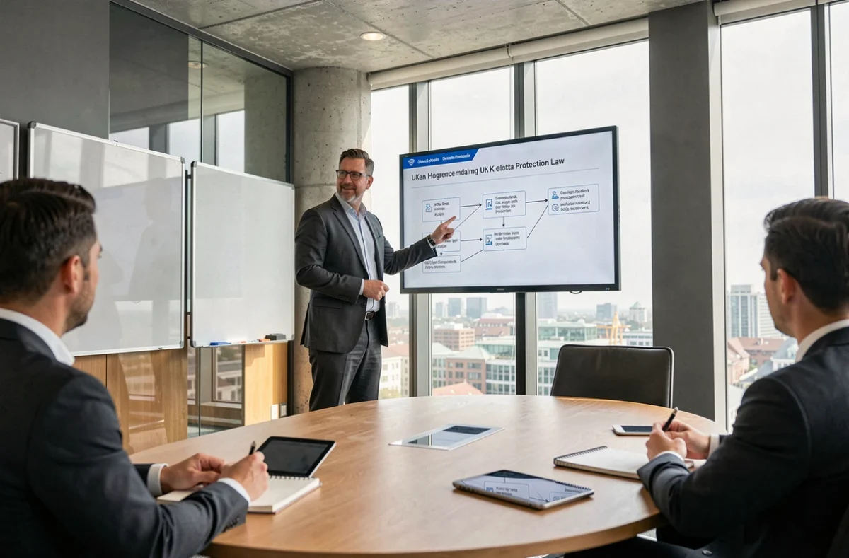 Data privacy consultant presenting UK data protection law framework to colleagues in a glass-walled conference room