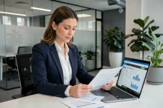 Female data protection officer reviewing GDPR compliance documents at a modern London office desk
