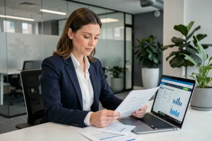 Female data protection officer reviewing GDPR compliance documents at a modern London office desk