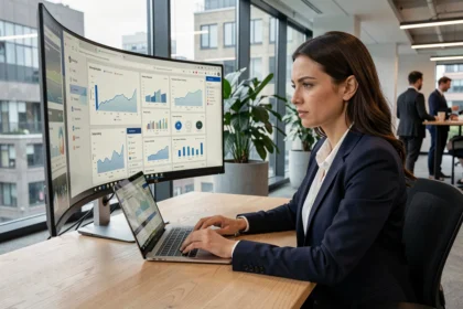 A digital marketing professional analysing web analytics dashboards on dual screens in a modern London open-plan office