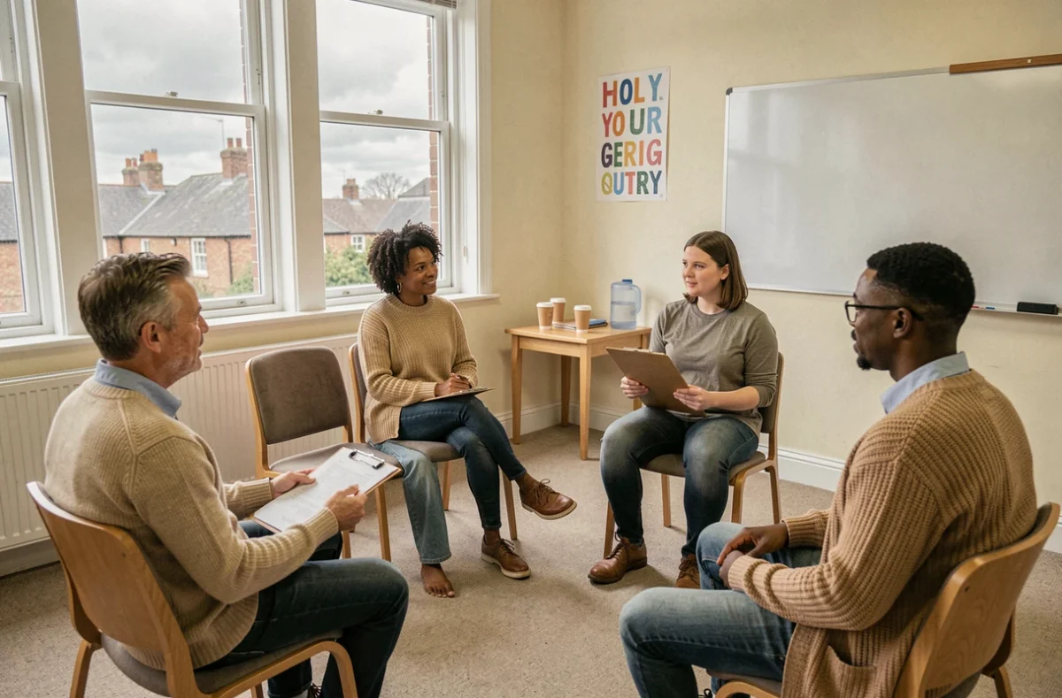 Diverse group therapy session facilitated by a mental health worker in a UK community health centre