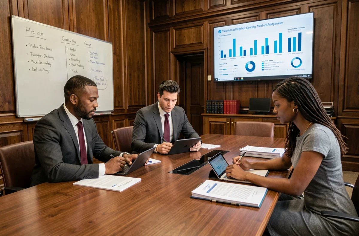 Diverse legal team discussing case strategy around a conference table in a UK law firm meeting room with digital tablets and data visualisations