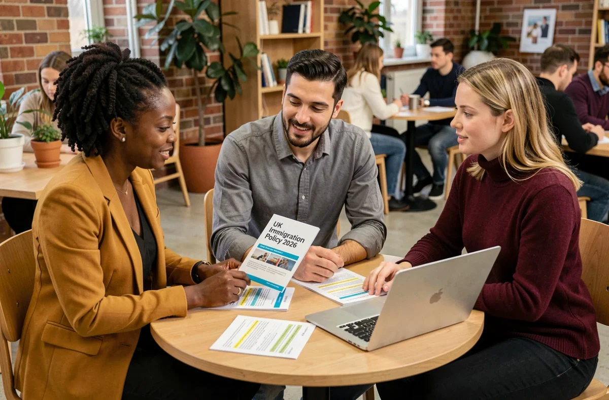 Diverse professionals collaboratively reviewing 2026 UK immigration policy documents in a modern co-working space