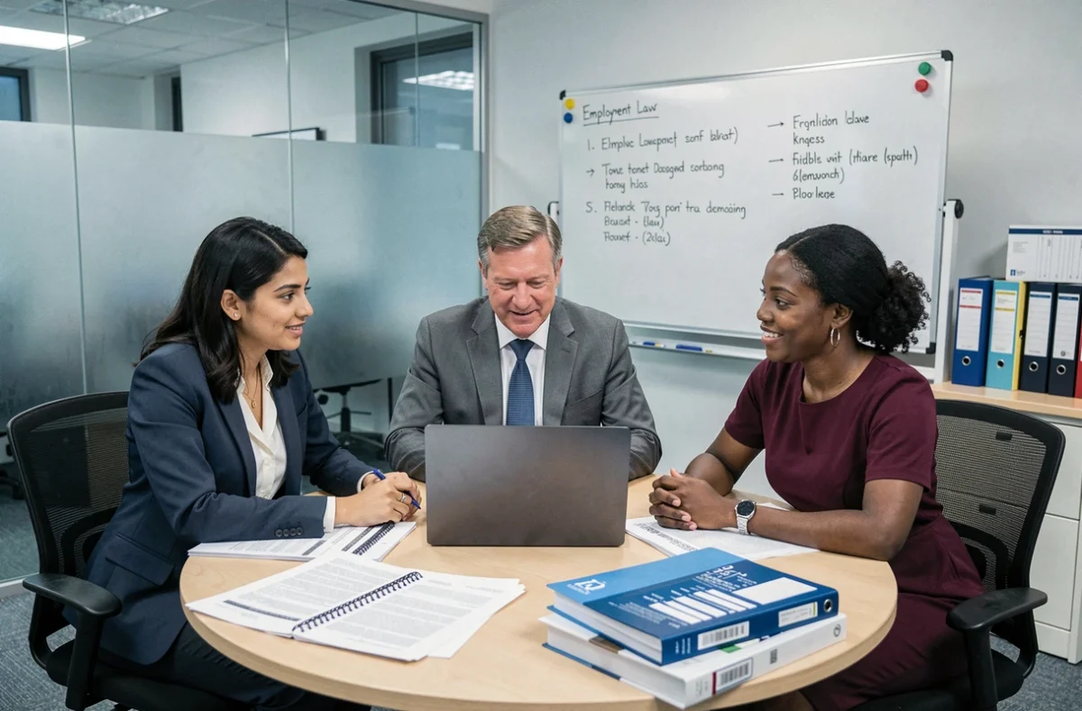 Diverse team of business professionals reviewing UK employment law documents in a British corporate meeting room