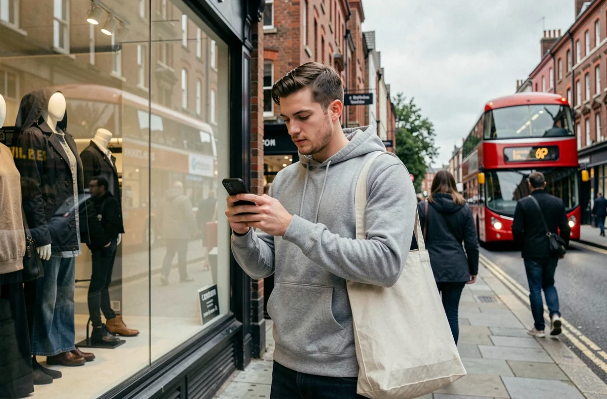 Young male entrepreneur creating social media content by photographing a shop window on a busy London high street