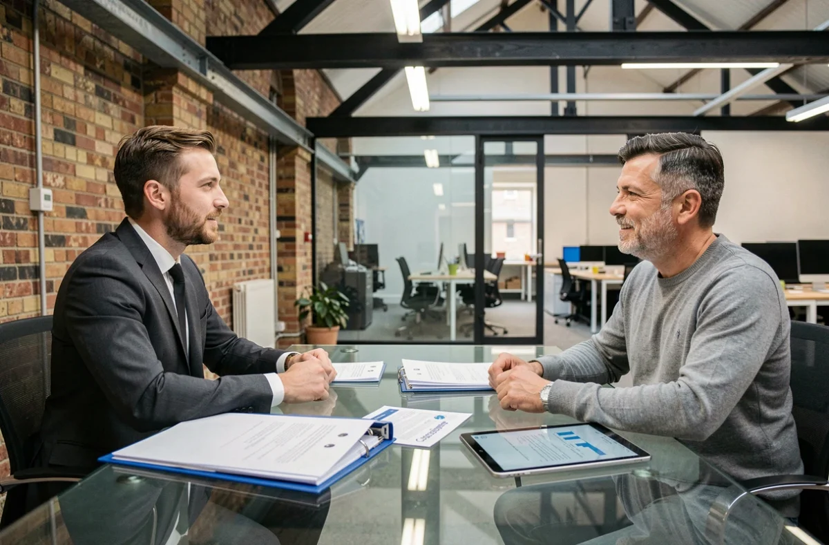 Two entrepreneurs discussing UK startup legal requirements at a co-working space conference table