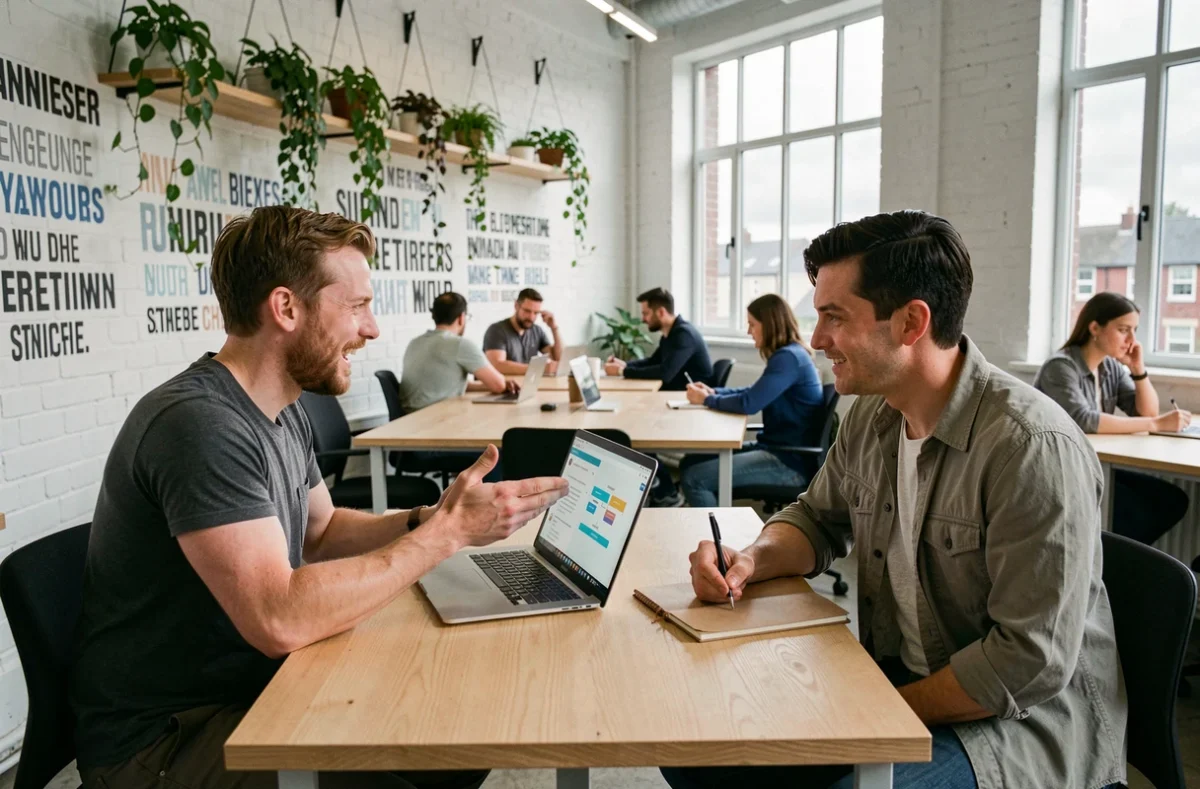 Two young male entrepreneurs discussing a startup pitch at a standing desk in a Manchester co-working space, illustrating UK workplace innovation