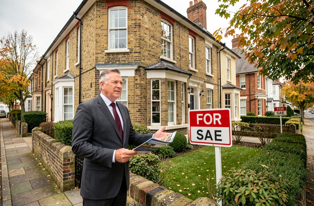 Estate agent standing outside a Georgian terraced house with a For Sale sign in an English market town
