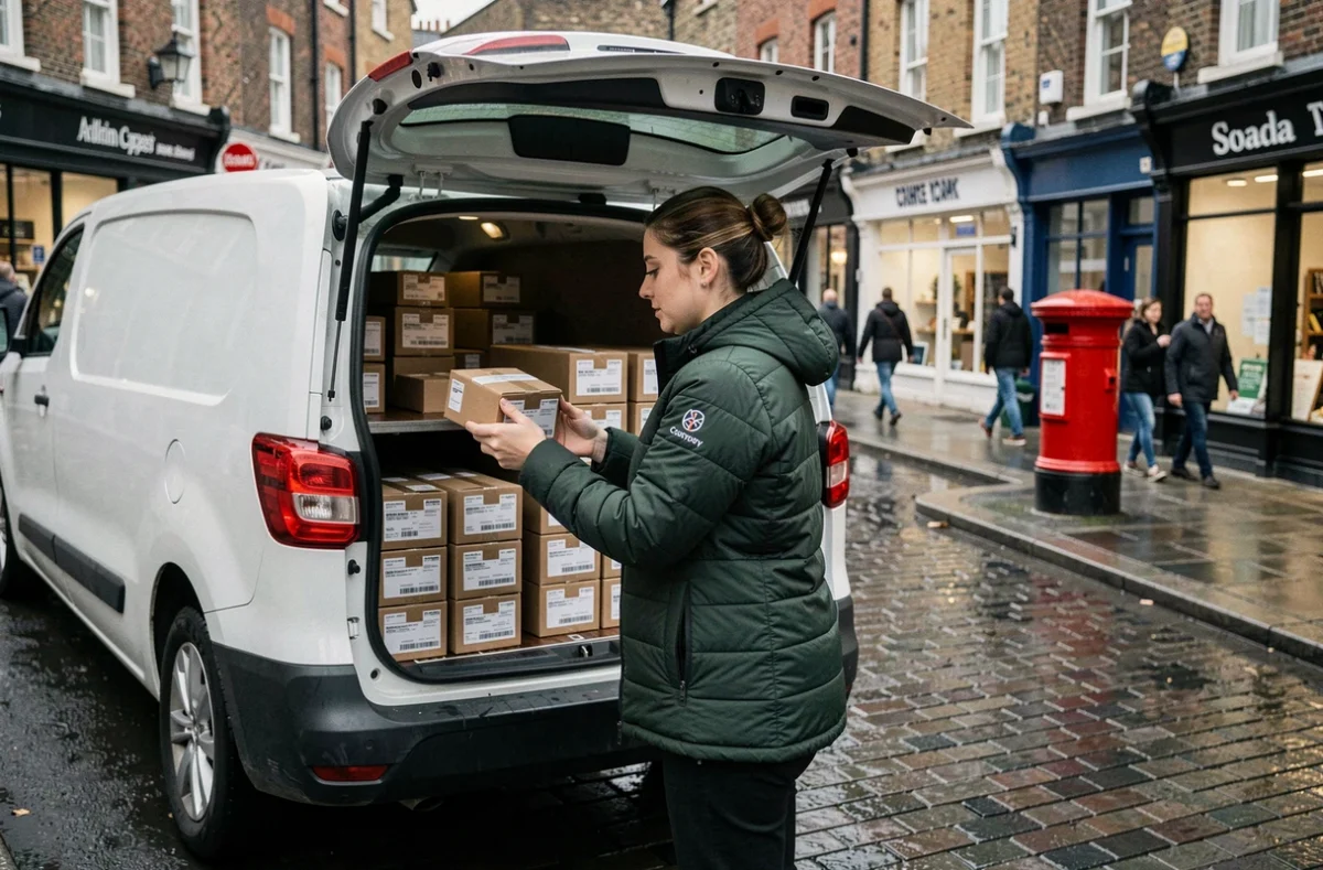 A female courier loading parcels into an electric delivery van on a wet UK high street, illustrating sustainable parcel delivery logistics in 2026.