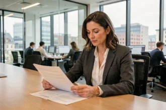 Female employment lawyer reviewing UK employment contracts at a modern London office conference table