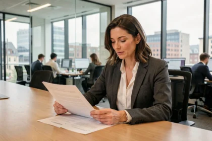 Female employment lawyer reviewing UK employment contracts at a modern London office conference table