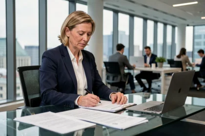 Female solicitor reviewing legal documents at a modern London law firm desk with a city skyline visible through floor-to-ceiling windows