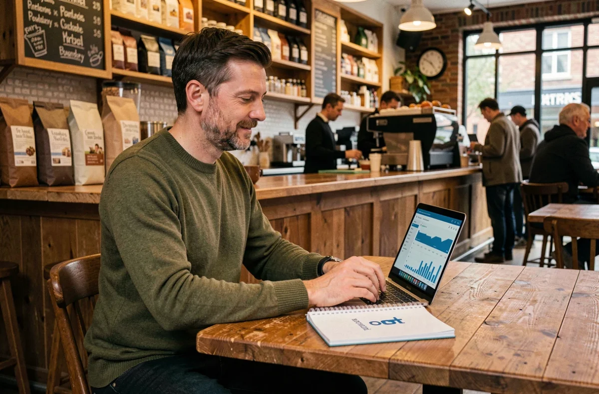 Male freelance content strategist working on analytics at an independent coffee shop in Manchester