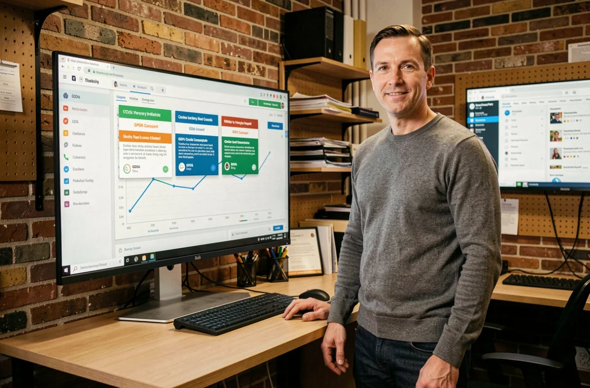 A digital marketing professional reviewing GDPR consent and analytics data on a studio monitor