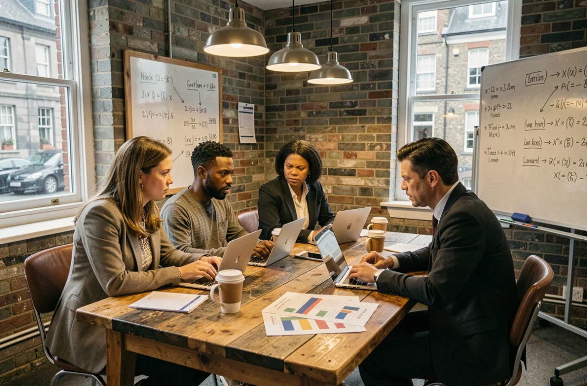 Small business owners in Glasgow discussing Brexit tariff implications over laptops and trade documents
