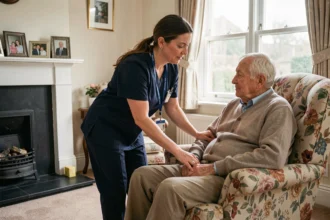A female home care worker in navy scrubs assisting an elderly man seated in an armchair inside a cosy British living room